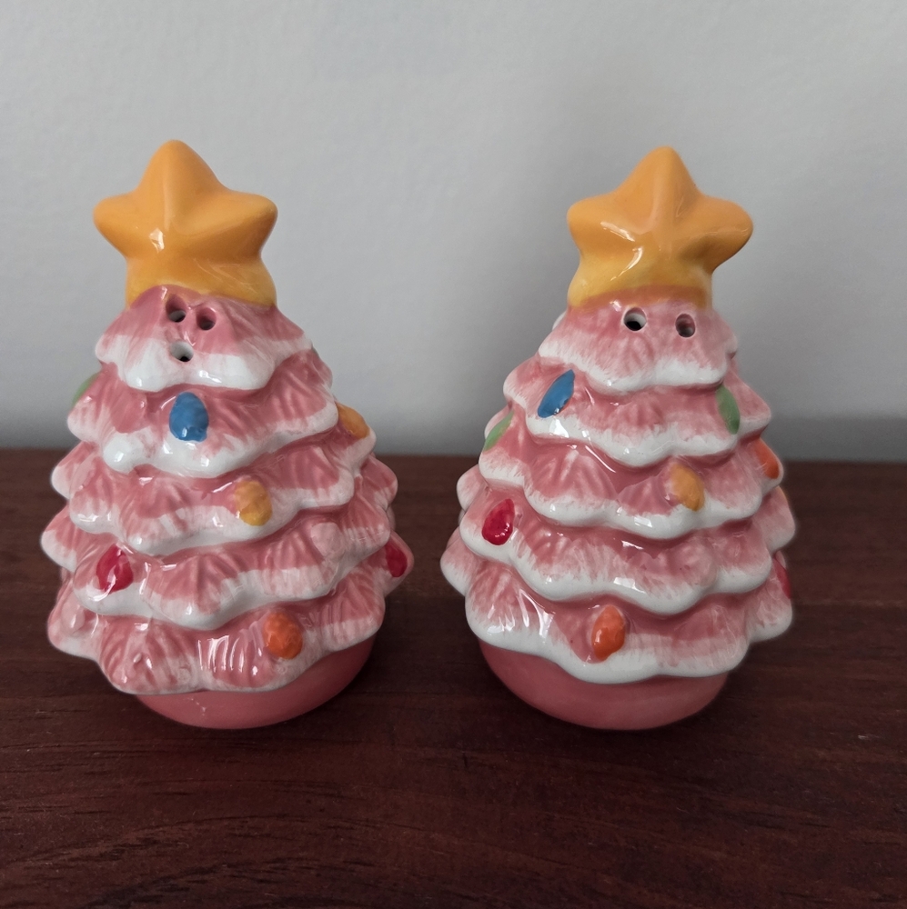 Mr. Christmas Ceramic Pink Tree Salt and Pepper Shakers